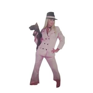Charades Gangster Moll Suit Costume Pink Double Breasted Pin Striped Suit MED